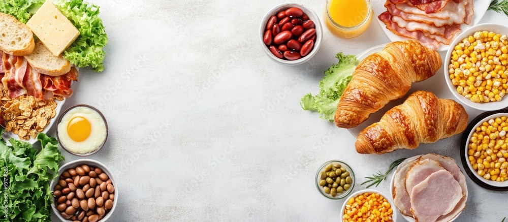 Poster breakfast is served in the morning on the table with croissant bread croissant cereal bacon ham chee