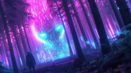 Creepy Forest Monster in a Futuristic Cyberpunk City, a chilling creature lurking among vibrant neon lights, evoking a sense of solitude and eerie mystery in the woods.