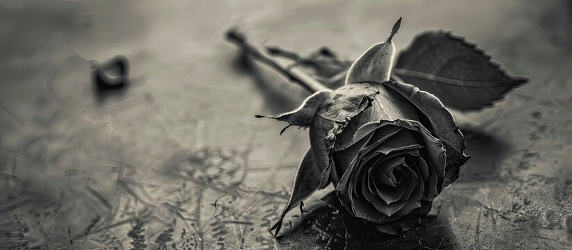 A dying wilting rose symbolizes the sadness and solitude of old age and faded love in black and white. with copy space image. Place for adding text or design
