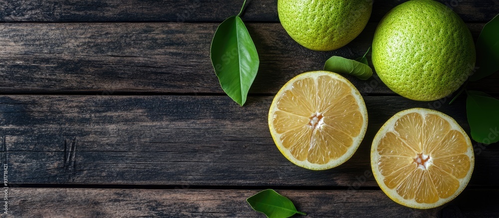 Leinwandbilder top view of fresh pomelo on a dark wooden table background for the mid autumn festival fruit. with c