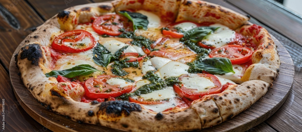 Poster sliced margherita italian pizza featuring melted mozzarella cheese tomatoes and fresh basil on a rus