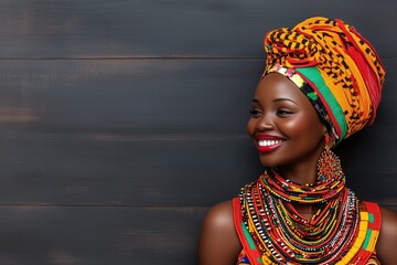 A beautiful African woman in a traditional costume, portrait. Bright clothes. Africa Day. Black History Month