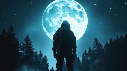 Obraz premium Mysterious Agent in Enchanted Forest, A stealthy figure blends into the shadowy woods, illuminated by a luminous full moon and framed by whispering pines, under a starry sky.