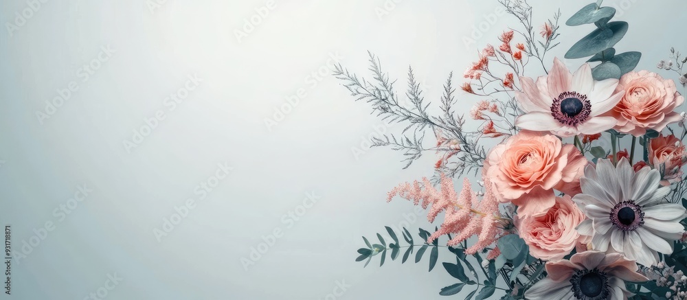 Fototapete close up of a bouquet of lovely flowers on a light background space for text. with copy space image.