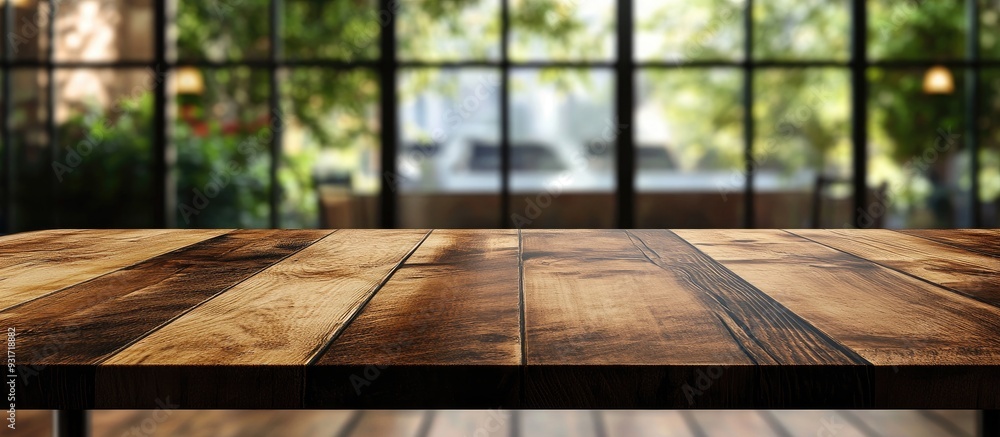 Poster wooden board empty table with a blurred window background can serve for displaying or presenting you