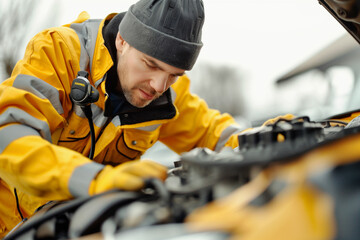 mechanic in a yellow uniform performing diagnostics on a car