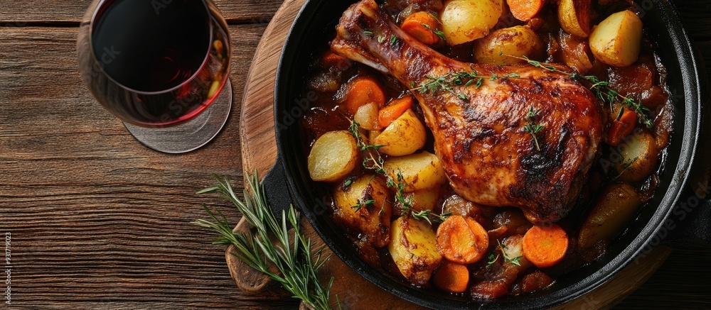 Poster Roasted rabbit leg served with potato and carrot stew and red wine. with copy space image. Place for adding text or design