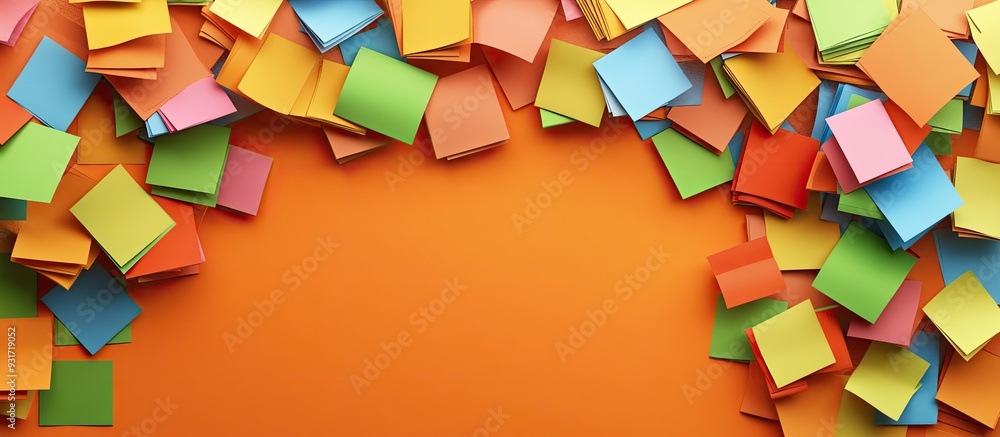 Poster Digital composition of a colorful Sticky Note World set against an orange background. with copy space image. Place for adding text or design