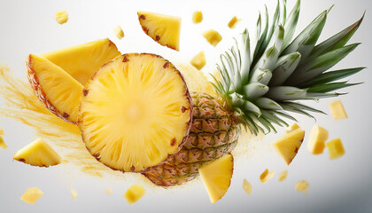 Tropical pineapple chunks flying on a white background, emphasizing their golden color and juicy texture
