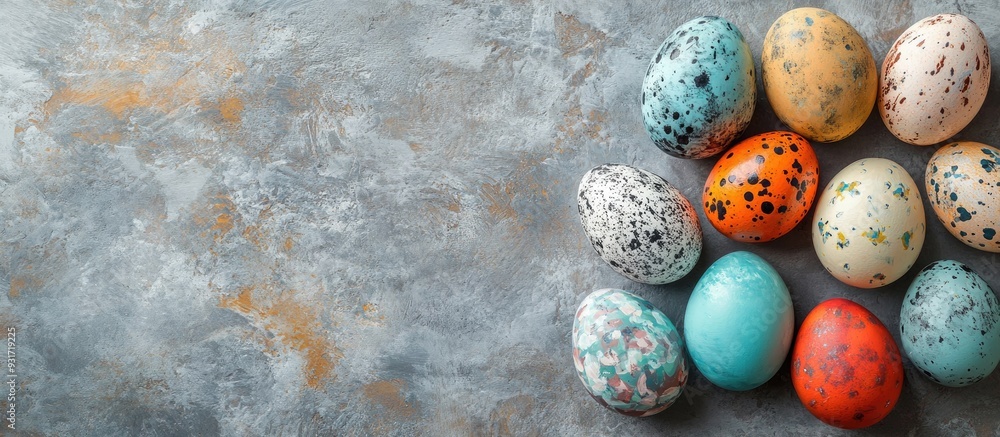 Aufkleber arrangement of easter painted eggs on a gray stone textured background copy space top view