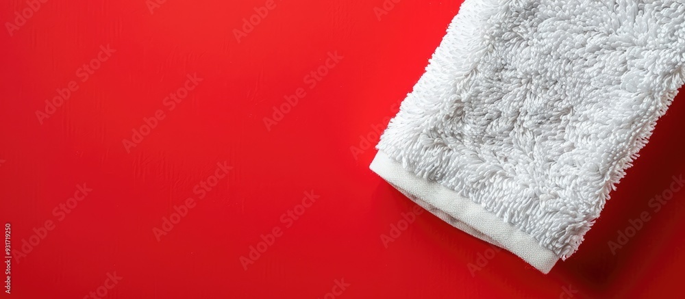 Poster White terry towel on a red background Top view Copy space Close up