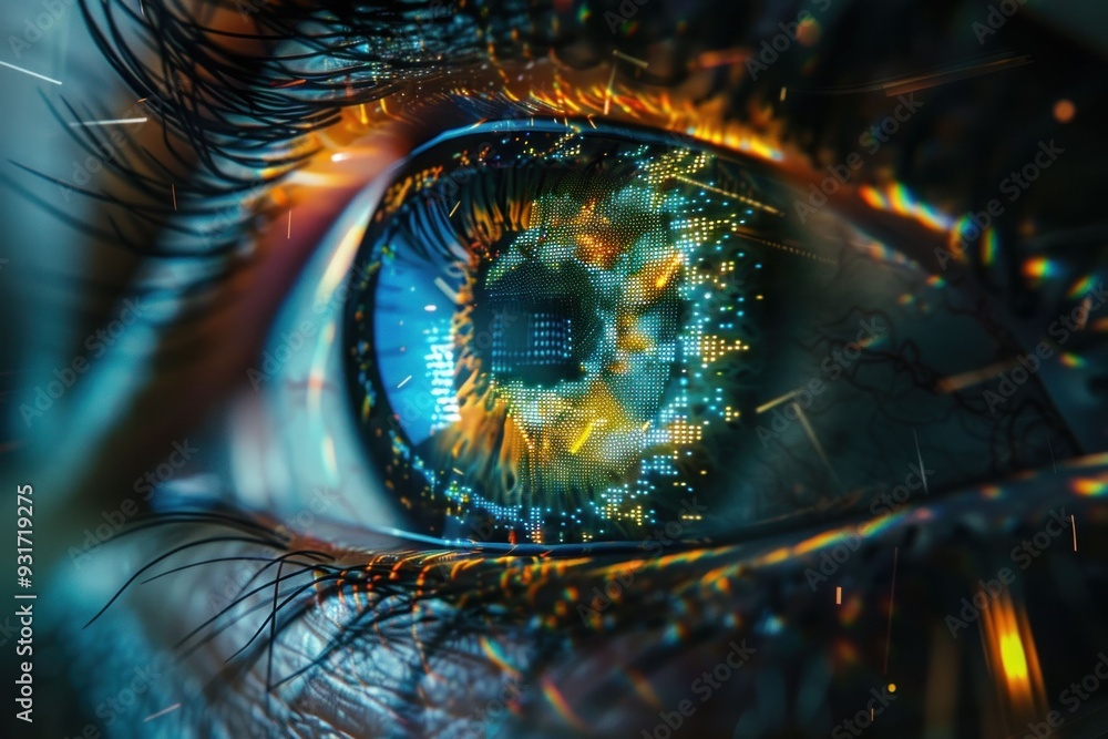 Poster close up of an eye reflecting digital data, showcasing an intricate pattern and vibrant colors again