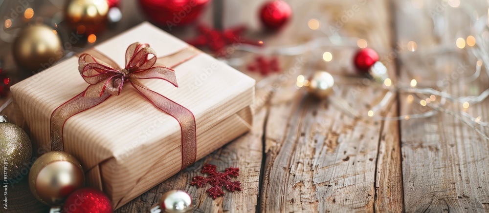Poster christmas gift box and vibrant baubles arranged on a wooden table set against a white background. wi
