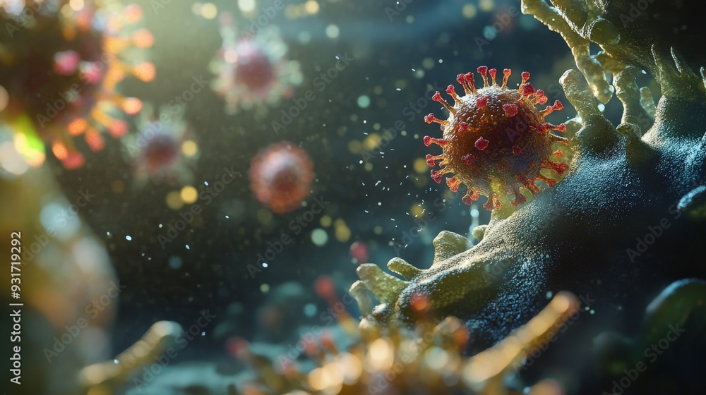 Poster a virus is actively penetrating a host cell, showcasing the complex interaction at a microscopic lev