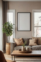 Frame mockup with floral accents in a minimalist and elegant home interior setting