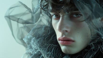 A Close-Up Portrait of a Young Person with Wavy Hair and a Sheer Fabric Draped Over Their Head
