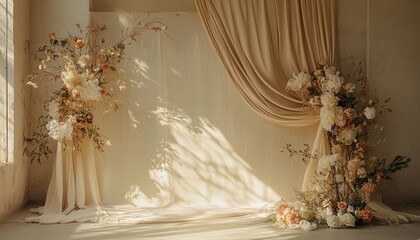 Create a delicate boho wedding backdrop with neutral beige linen fabric draped softly. Abstract floral sunlight shadows should add a touch of sophistication and depth