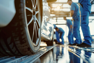 A team of mechanics working together on a car in the garage