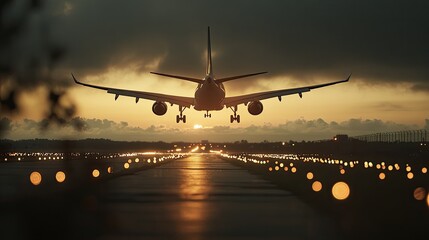 A dramatic view of an airplane flying into the air from the runway at twilight, highlighting the power and speed of modern air travel. The image captures 