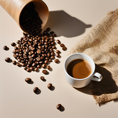 Xícara de café com grãos na mesa.