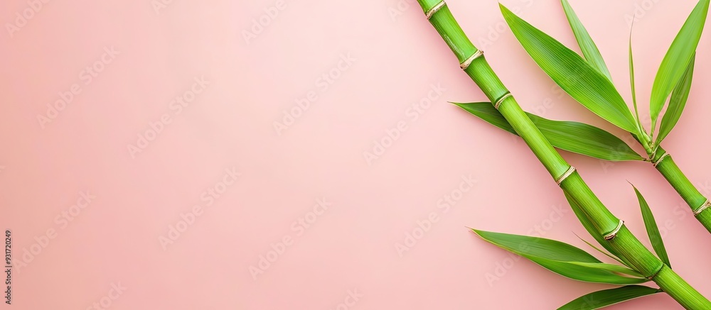 Poster bamboo shoot bamboo stem and leaves on a pink background viewed from above with copy space