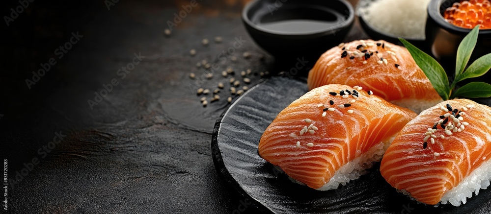 Poster domestic japanese cuisine featuring traditional fresh fish such as broiled salmon with salt. with co