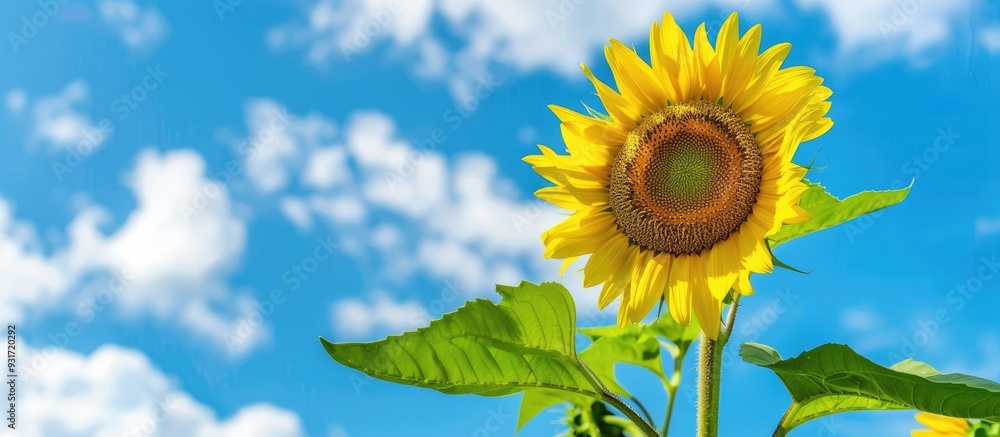 Poster sunflower set against a blue sky background. with copy space image. place for adding text or design