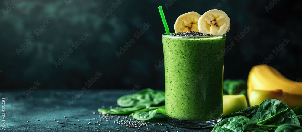 Poster Green smoothie featuring baby spinach apple banana and barley grass finished with chia seeds on top. with copy space image. Place for adding text or design