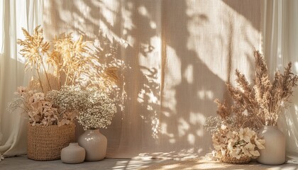 Create a stylish boho wedding backdrop showcasing textured neutral beige linen fabric. Abstract floral sunlight shadows should provide a sense of depth and sophistication © CreativePulse
