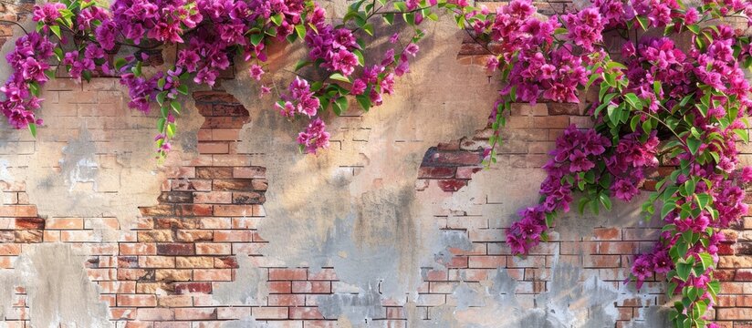 Bougainvillea buganvilla blossoms on a brick wall create a vibrant background texture with blooming flowers and copy space