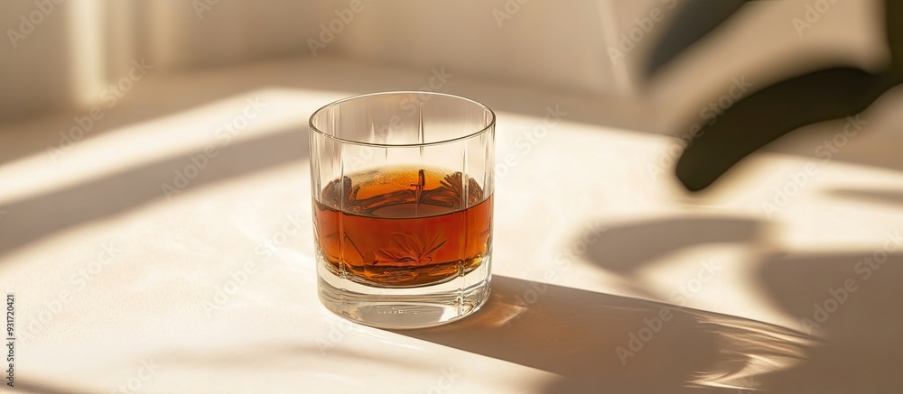 Leinwandbilder a clear brown liquid in a glass on a light backdrop selective focus. with copy space image. place fo