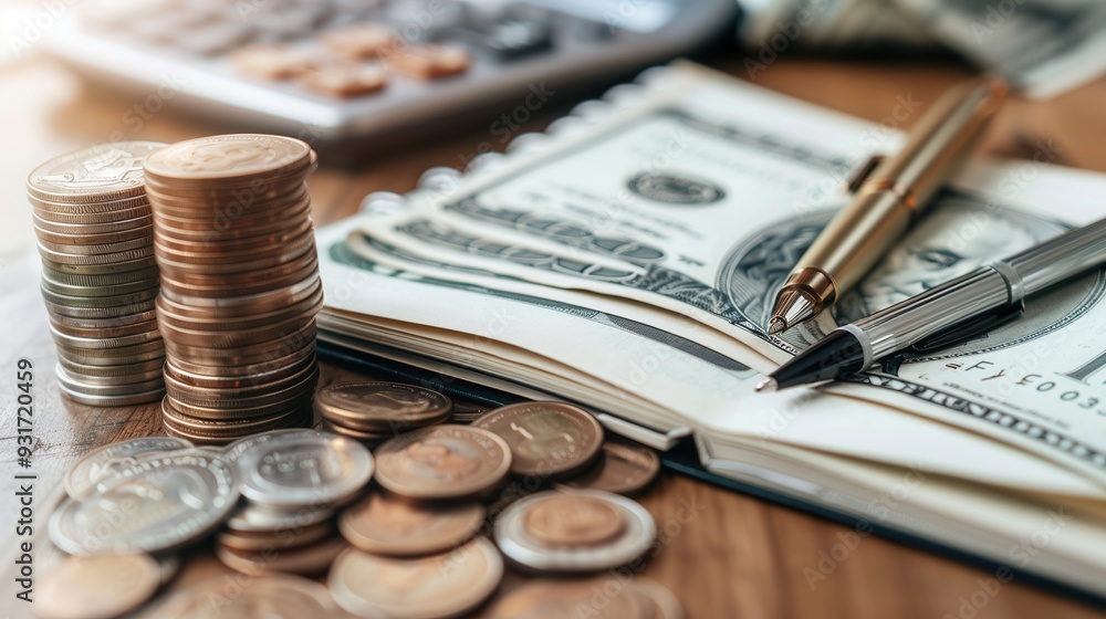 Fototapete a stack of cash and coins sits beside an open notebook filled with financial notes and calculations,