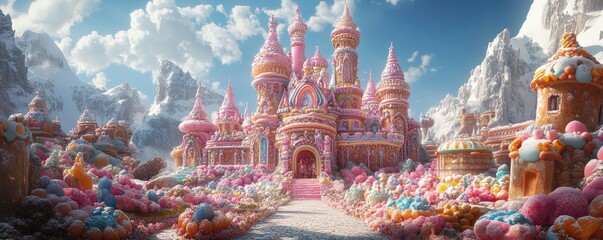 A whimsical candy castle surrounded by colorful sweets under a bright blue sky, perfect for dreamlike and fantasy-themed projects.
