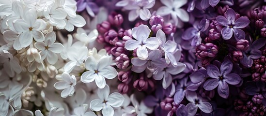 Fototapeta premium Still life featuring white purple spring lilac flowers. with copy space image. Place for adding text or design