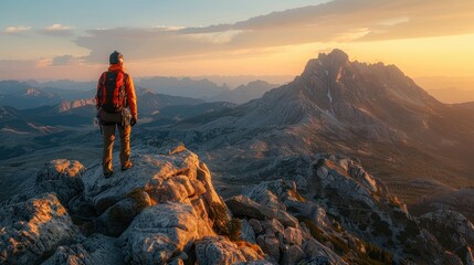 Fototapeta premium A lone hiker standing on a mountain peak at sunset, overlooking a vast and rugged landscape.