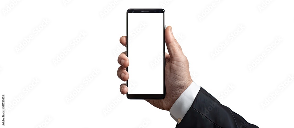 Poster Businessman s hand holding a smartphone with a blank white screen isolated on a white background Businessman s hand using a smartphone with an empty screen on a white background with a clipping path
