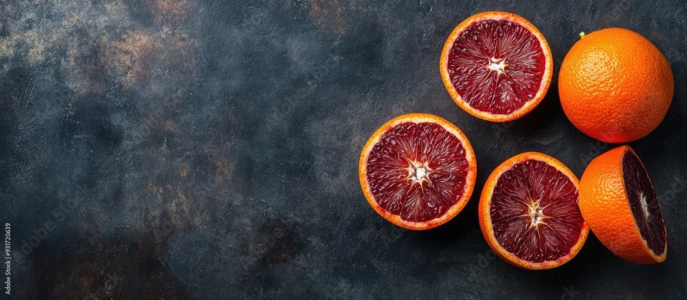 Poster fresh juicy blood oranges on a dark background. with copy space image. place for adding text or desi