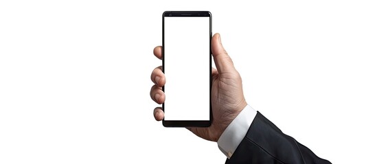 Businessman s hand holding a smartphone with a blank white screen isolated on a white background Businessman s hand using a smartphone with an empty screen on a white background with a clipping path
