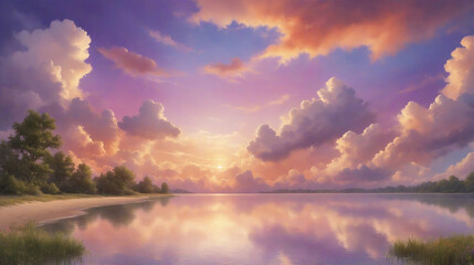 a summer atmosphere with soft clouds and a colorful sky with hues of orange, pink and purple