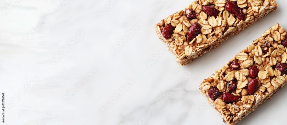 Aufkleber delicious homemade granola bars on a white marble table top view banner layout with room for text. w