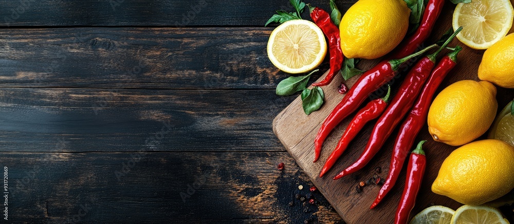 Poster top view of fresh chilies and lemons on a chopping board against a dark wooden background. with copy