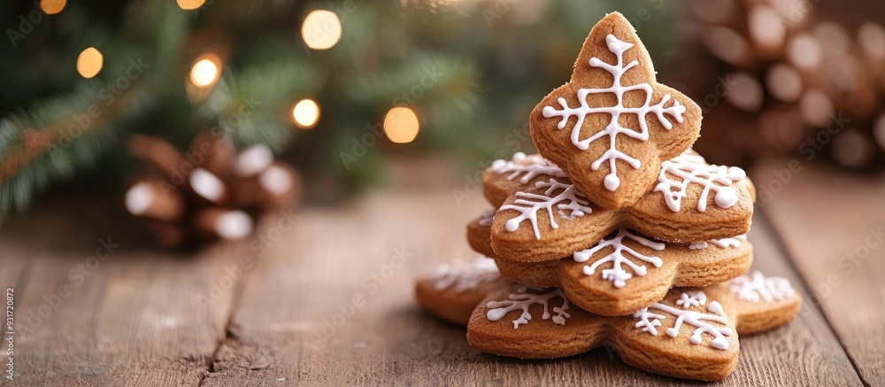 Poster gingerbread cookies arranged as a christmas tree on a wooden background with copyspace for text this