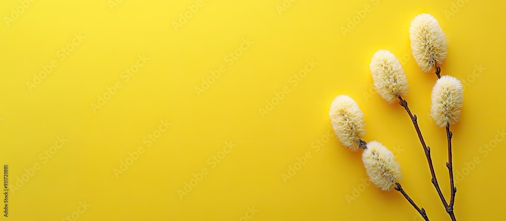 Poster yellow background with three pussy willow branches space for text. with copy space image. place for 