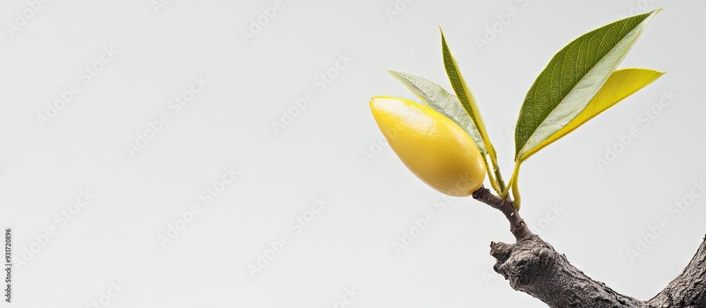 Fototapete mango sprout emerging from a tree on a white background with copy space