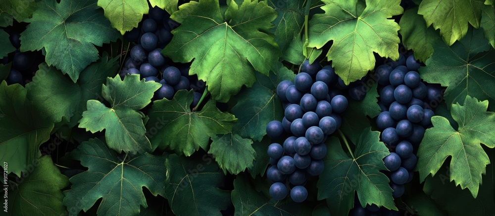 Leinwandbilder bunch of grapes on the vine surrounded by green leaves. with copy space image. place for adding text