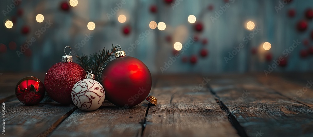 Poster Christmas ornaments on a wooden surface. with copy space image. Place for adding text or design