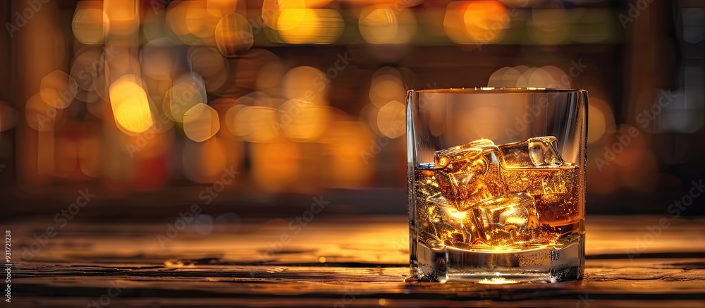 Poster cold stones for whiskey and a glass of whiskey in close up on a worn table copy space