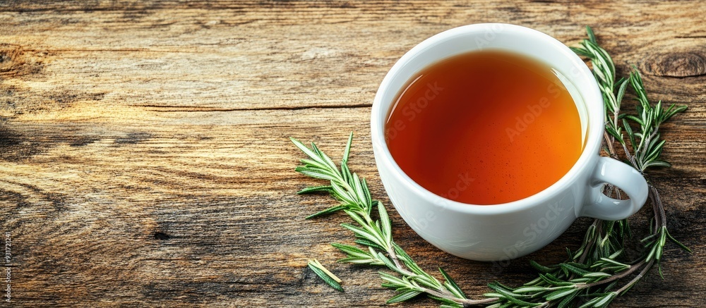 Aufkleber Cup of fragrant herbal tea with fresh rosemary and thyme on a wooden table. with copy space image. Place for adding text or design