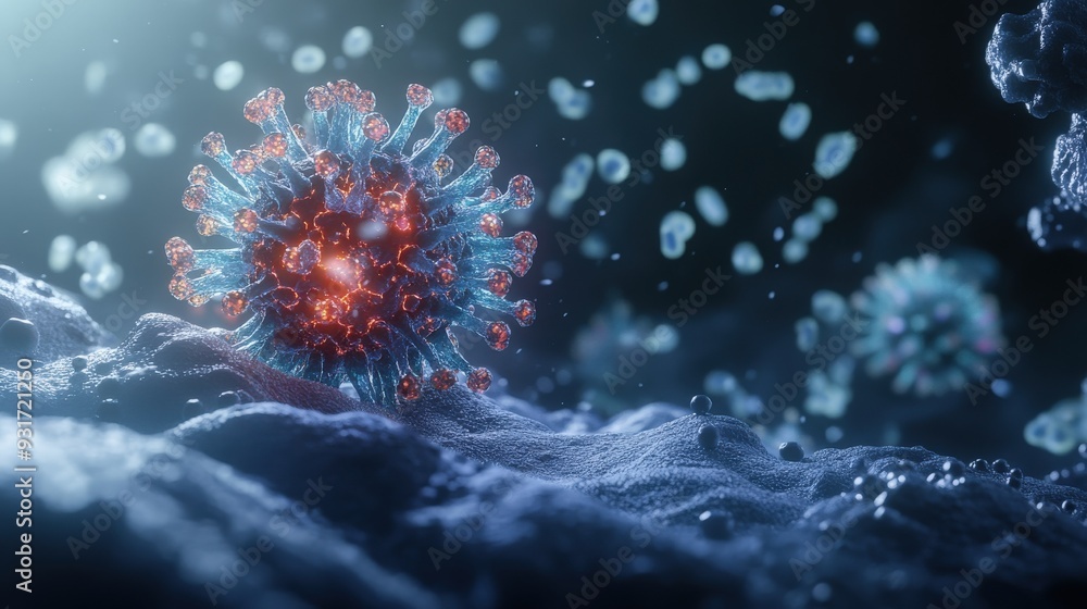 Poster a virus particle adheres to the surface of a host cell, showcasing the intricate details of the inte