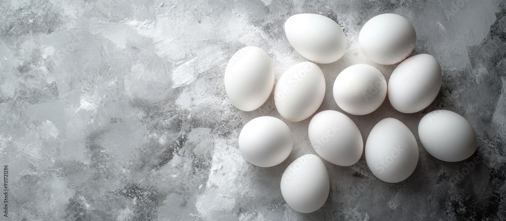 Leinwandbilder fresh white eggs on a gray background top view a rural still life featuring natural organic healthy 